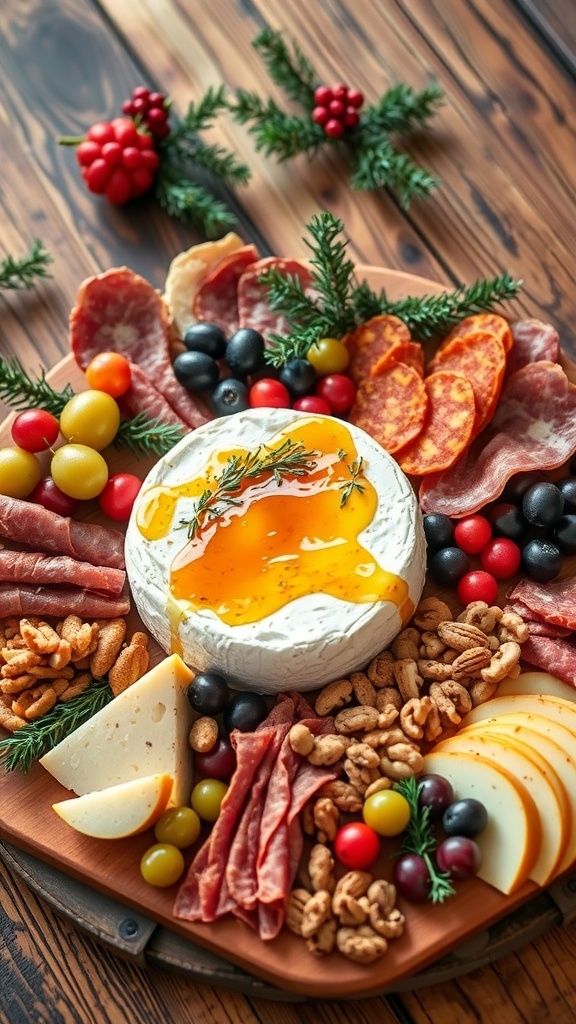 Christmas Charcuterie Board with Baked Brie A festive charcuterie board with baked brie, cured meats, cheeses, fruits, and nuts, perfect for Christmas celebrations.
